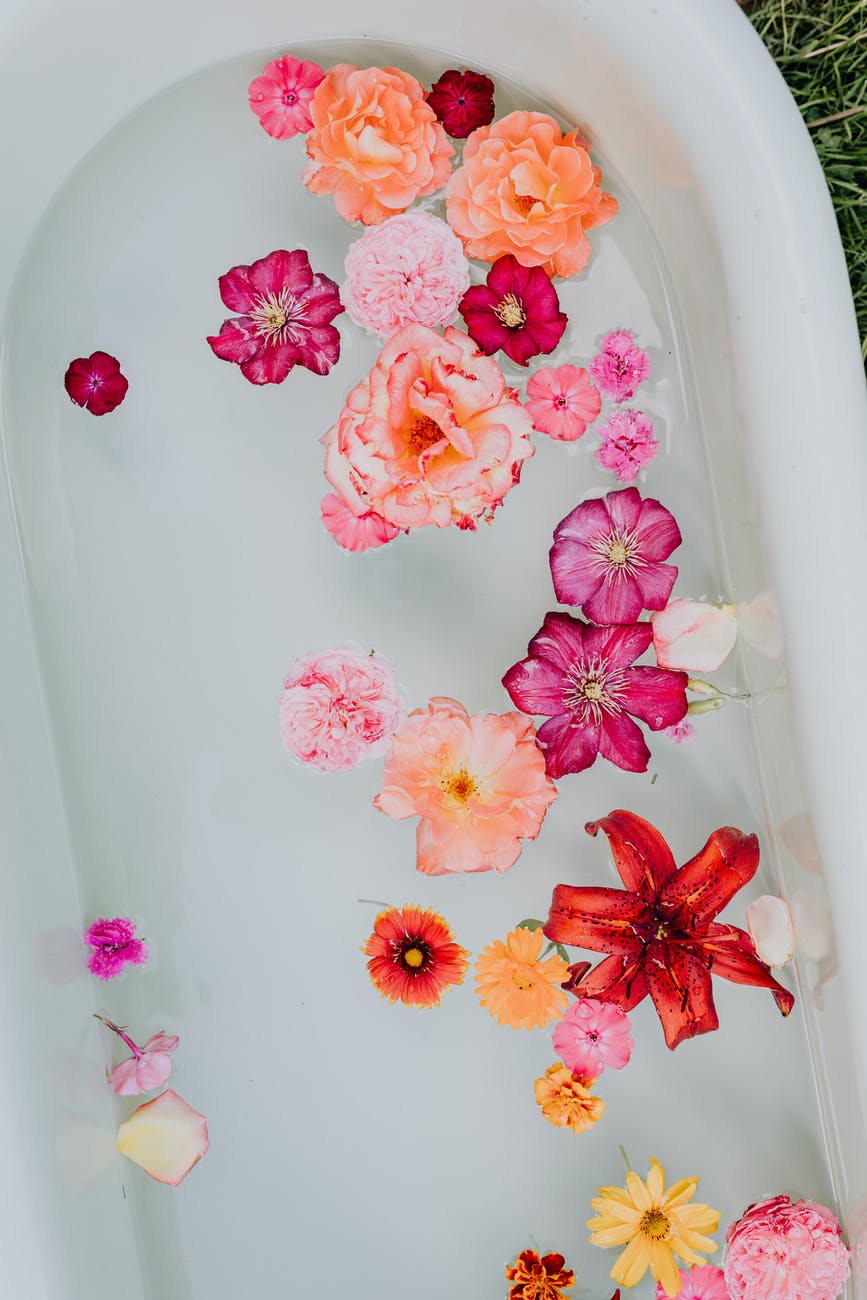 overhead short of pink and red flowers in a bathtub