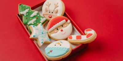 homemade festive cookies in box on table